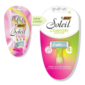 This image shows a pack of three BIC Soleil Comfort disposable razors for women, featuring four flexible blades, a soothing moisture strip with shea butter, and lightly scented, colorful handles.