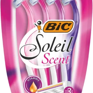 This image shows a pack of four Bic Soleil Scent disposable razors for women, featuring three spring-mounted blades, a fixed head for control, and a lubricating strip with Vitamin E for a smooth shave.