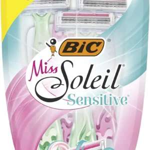A pack of BIC Miss Soleil Sensitive disposable razors for women, featuring four independent blades, aloe vera and vitamin E lubricating strip, and a flower-decorated pastel handle for a gentle, smooth shave.