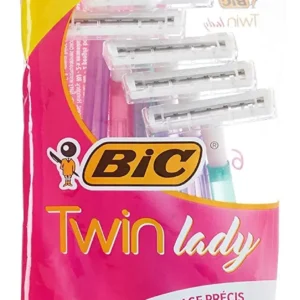 A pack of six Bic Twin Lady disposable razors for women, featuring stainless steel twin blades and a slim head for a precise, close shave.