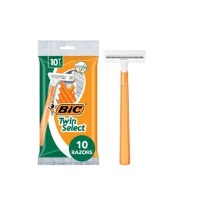 This image shows a package of Bic Twin Select men's razors with twin blades, designed for a sensitive, soothing, comfortable shave, and featuring a slim head and longer, tapered handle for added control.