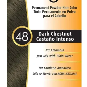 A pack of Bigen Dark Chestnut 48 hair color powder, a unique formula that is safe for all hair types because it doesn't contain ammonia or peroxide.