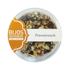 A 50 ml glass bottle of Bijos Frauenrauch incense blend with traditional women's herbs for energy balance, protection, natural radiance and sensuality.