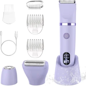 This 3-in-1 electric bikini trimmer for women features replaceable heads for painless hair removal on the face, body, legs, and bikini area, suitable for wet and dry use.