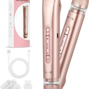 Rose gold bikini trimmer for women with dual head, suitable for face, body, and legs, and featuring IPX7 waterproof design.