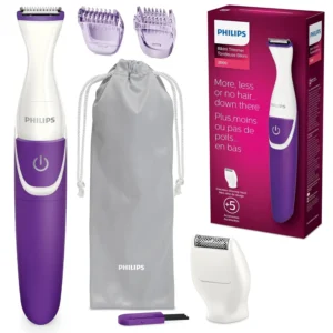 Cordless Philips bikini trimmer for women, featuring a mini shaver head and trimming comb, ideal for easy and irritation-free bikini line hair removal on wet or dry skin.