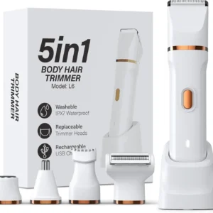 This all-in-one electric grooming kit for women includes a bikini trimmer, facial hair remover, foil shaver, and nose hair trimmer for smooth and painless hair removal on various body areas, even in the shower.