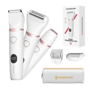 This rose gold 3-in-1 electric shaver is a cordless bikini trimmer for women that also functions as a body and facial hair remover with hypoallergenic ceramic blades and easy USB-C charging.