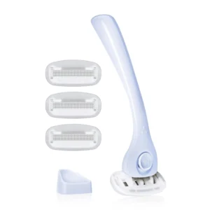 This Billie razor kit for women includes a blue handle, four five-blade refills, and a magnetic holder for convenient shower storage.