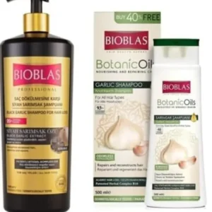 Bioblas garlic shampoo set with black garlic oil for hair growth, shine, and increased resistance against hair loss for both men and women.