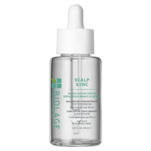 Biolage Scalp Sync oil balancing serum contains fermented tea blend that absorbs excess scalp oil for a fresh look and feel.