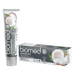 A tube of fluoride-free Biomed Coconut Whitening Toothpaste that gently removes plaque, polishes enamel, and contains natural antiseptics and vitamins for sensitive teeth.