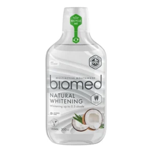 Biomed Superwhite natural coconut mouthwash gently whitens teeth, freshens breath, and protects gums with plant extracts and essential oils.