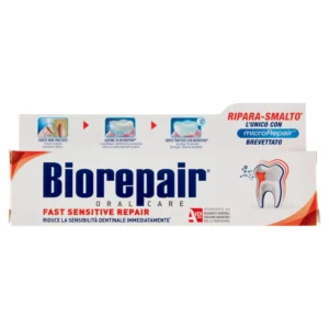 Biorepair Fast Sensitive Repair toothpaste tube, a fluoride-free formula with microRepair to remineralize enamel and dentin, ideal for sensitive teeth.