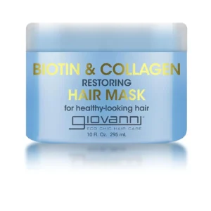 Giovanni biotin and collagen hair mask deeply conditions and strengthens hair, improving elasticity and leaving it healthy, shiny, and moisturized with organic ingredients.