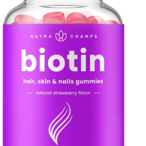 NutraChamps vegan biotin gummies provide a high potency dose of 10,000 mcg to support healthy hair, skin, and nails for both adults and children.