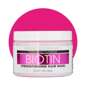 Advanced Clinicals Biotin anti-breakage hair mask with manuka honey and sweet almond oil strengthens weak, colored, dry, and damaged hair while replenishing moisture and reinforcing strong, shiny curls.