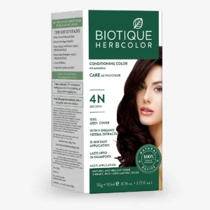 Biotique Bio Herbcolor 4N Brown hair color for 100% grey coverage, infused with 9 organic herbal extracts to nourish hair and scalp.