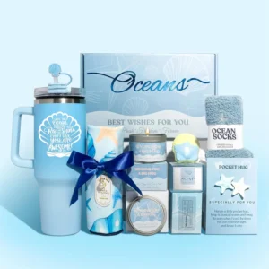 This blue ocean themed spa gift set for women includes a candle, blanket, tumbler, and bath products, perfect for birthdays and self-care.