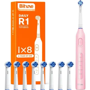 Pink Bitvae R1 rechargeable rotating electric toothbrush with eight replacement brush heads and five cleaning modes for plaque removal, teeth whitening, and gum care.