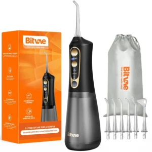 Black Bitvae cordless water flosser with multiple jet tips, offering personalized oral care with adjustable modes and waterproof design.