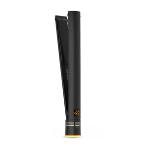 The Hot Tools Professional Black Gold flat iron with micro shine plates is shown, perfect for smoothing, curling, and creating waves.