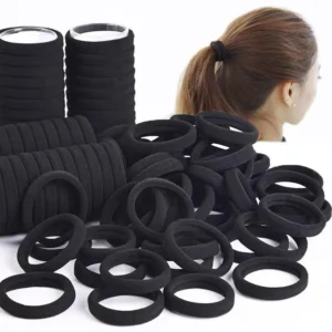 This image displays a collection of 200 black elastic hair ties in two sizes, perfect for creating various hairstyles for women and girls at home, in the gym, while traveling, or in a salon.