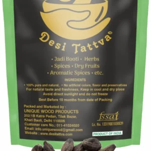 This is a 100g pack of Desi Tattva Black Harad, offering natural taste and freshness with no artificial colors, flavors, or preservatives.