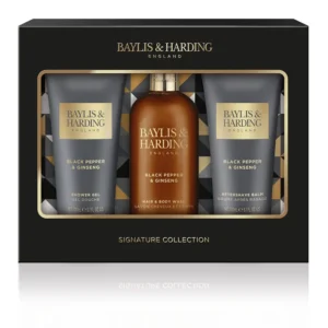 This luxury grooming gift set for men includes hair & body wash, shower gel and aftershave balm with a rich black pepper and ginseng fragrance.