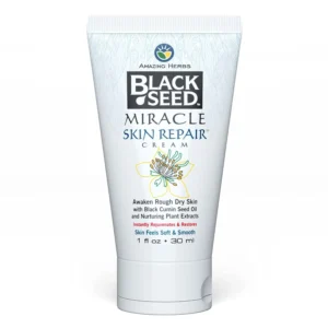 Amazing Herbs black seed skin repair cream with black cumin seed oil and vitamin E promotes healthy skin and supports collagen and elastin production.