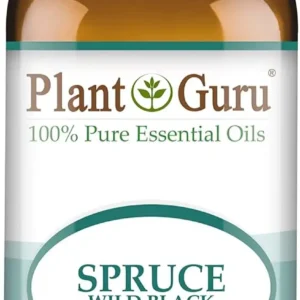 A one-ounce bottle of Plant Guru Wild Black Spruce Essential Oil, a 100% pure, undiluted therapeutic grade oil steam distilled from Picea Mariana.