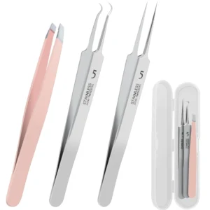 This blackhead remover tweezers kit includes curved and straight precision tools for removing blackheads, pimples, and ingrown hairs, all made of stainless steel and packaged in a convenient travel case.
