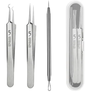 Stainless steel blackhead tweezer and pimple popper tool kit with straight, needle, and curved hook tweezers for removing blackheads, acne, and ingrown hairs.