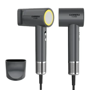 Grey Carrera BLDC hair dryer with LED display, offering customizable heat and speed settings for salon-quality results.