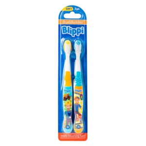 This pack includes two Blippi kids' toothbrushes with soft bristles and ergonomic handles, perfect for toddlers learning to brush.