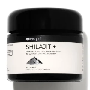 A jar of Blisque pure Himalayan shilajit resin supplement, a golden grade A substance containing fulvic acid and trace minerals.