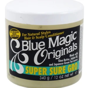 Two jars of Blue Magic Super Sure Gro hair cream with shea butter and jojoba oil, formulated to promote healthy hair growth, repair split ends and prevent breakage.