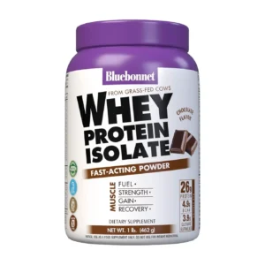 One pound of Bluebonnet whey protein isolate powder, chocolate flavor, sourced from grass-fed cows not treated with antibiotics.