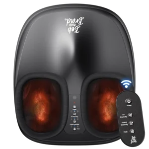 The Bob and Brad foot massager with heat provides deep kneading shiatsu and compression for relaxation and plantar fasciitis relief, featuring remote control.