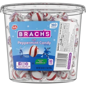 Jar of Bob's Sweet Stripes soft peppermint candy, a classic individually wrapped mint treat with a sweet peppermint flavor and only 60 calories per serving.