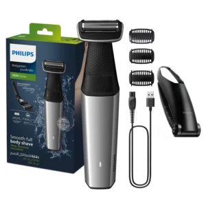 The Philips body groomer with back attachment allows for full body grooming, even in hard to reach places, while providing skin protection for a comfortable shave.
