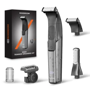 MAXGROOM 2-in-1 electric body hair trimmer for men with interchangeable heads for grooming chest, back, groin and other body areas, featuring wet and dry functionality.