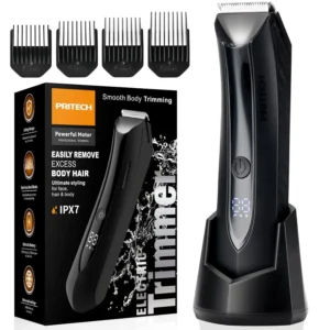 This rechargeable body hair trimmer features an LED light for enhanced visibility during precise trimming and shaving for both men and women.