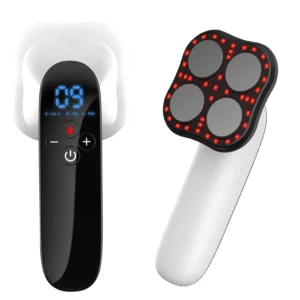 Handheld body sculpting machine with four massage heads and LED display, designed for lymphatic drainage and cellulite reduction on areas like belly, waist, arms, legs, and butt.