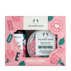 The Body Shop British Rose gift set featuring a mini shower gel and Body Butter for hydrated, rosy-scented normal skin.