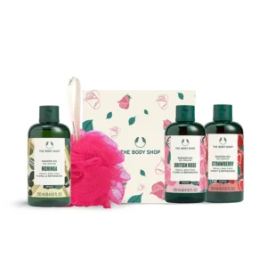 The Body Shop shower gel gift set featuring a trio of assorted scented body washes.