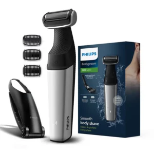 Philips body groomer for men with skin-safe shaver head removes hair on back, shoulders, chest, abs, underarms, groin and legs at three different lengths.