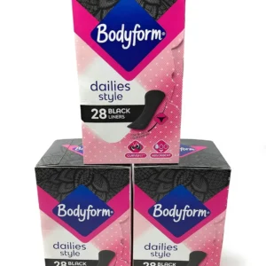 Three packs of Bodyform Dailies Style black pantyliners, designed for black underwear, featuring a curvefit shape, breathability, and absorbent core.