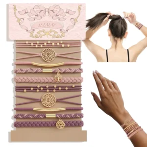 A set of ten pink boho hair tie bracelets with five different braided styles, designed to be gentle on hair and worn as stylish wrist accessories.