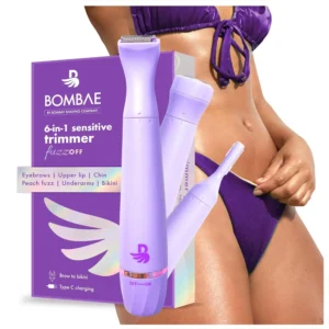 The Bombae trimmer painlessly removes unwanted facial and body hair for women, leaving skin smooth and makeup-ready, and gentle enough for bikini and underarm use.